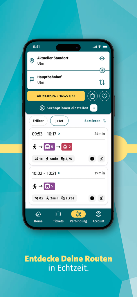 unser-DING - Mobile app interface of unser-DING displaying real-time public transport connections and route planning for the Ulm region.