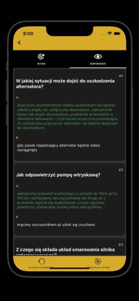 Copa Edu - Pantalla de la aplicación Copa Edu mostrando preguntas y respuestas de práctica de examen para operadores de maquinaria.