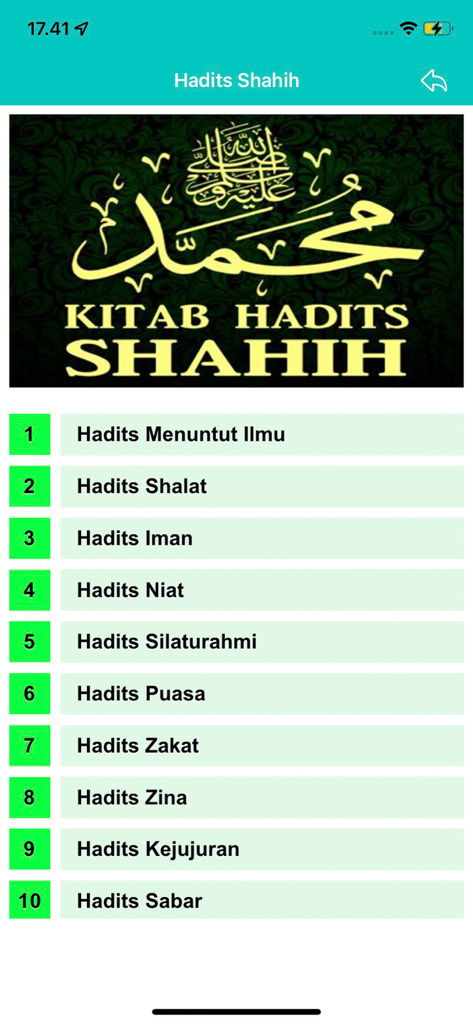 Hadist Shahih - Main menu of the Hadist Shahih app displaying various Islamic Hadith topics in Indonesian
