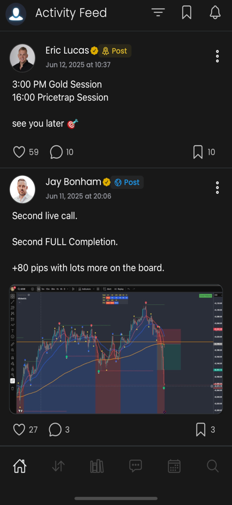 JIFU Connectアプリのアクティビティフィード。メンターからの金融取引セッションとライブコール更新を特集しています。