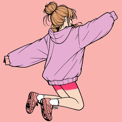 realistic girl jumping with a bun and oversized sweatshirt