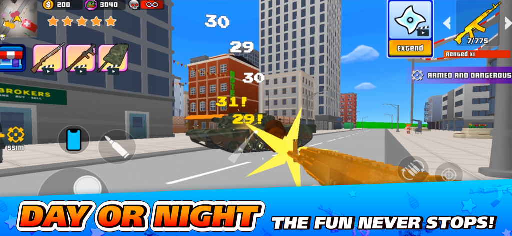 Gangs Wars City: Pixel Shooter - A first person view of a player shooting a golden gun at a tank in a blocky pixelated city