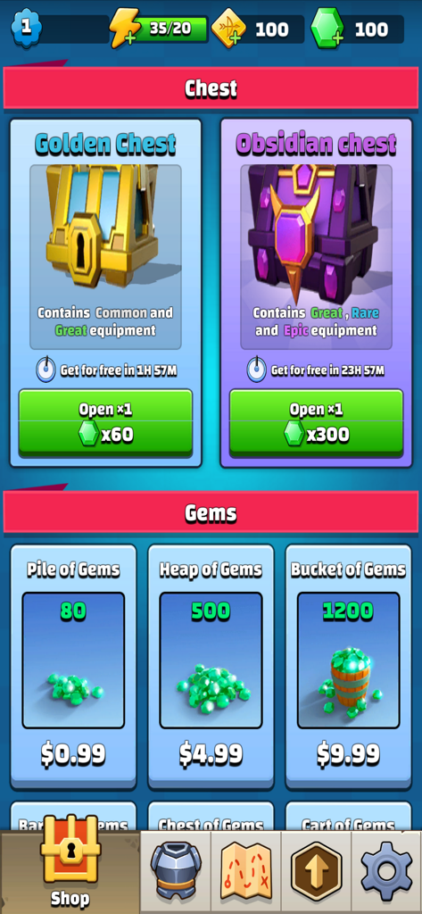 Archer Hunter - Adventure Game - In-game shop interface in Archer Hunter showing golden and obsidian loot chests and gem packs for purchase