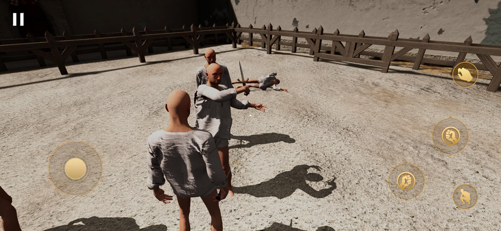 Captura de pantalla del juego Half Sword Mobile mostrando combate medieval basado en física en una arena de entrenamiento