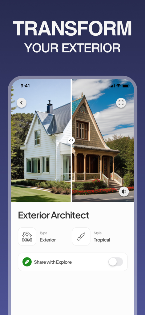 Interior Design: Home Decor AI - Interfaz de aplicación de IA que muestra una comparación lado a lado de un exterior de casa transformado a estilo tropical