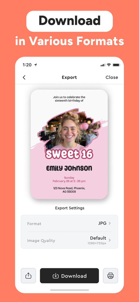 Birthday Invitation Maker ° - Export screen of the Birthday Invitation Maker app showing a Sweet 16 card and format settings