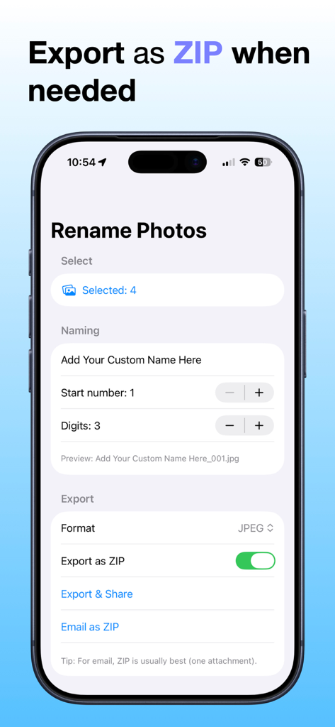 写真の名前を一括変更アプリのスクリーンショットで、ファイルの名前を変更し、ZIPとしてエクスポートするオプションを切り替えるインターフェイスが表示されている。