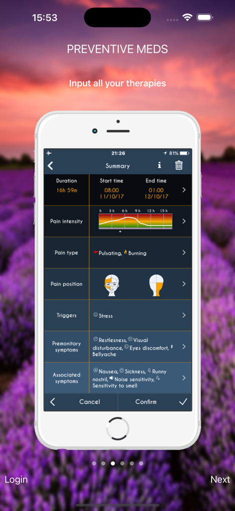 Summary screen of the HeadApp Migraine Diary showing a detailed migraine log with pain intensity graph and symptoms