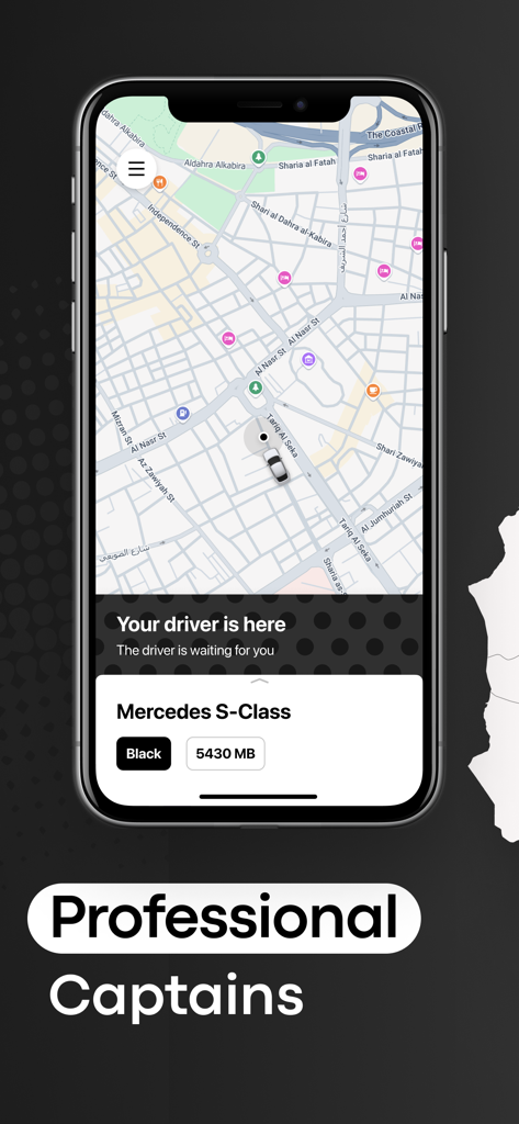 Wasila - Wasila app screen displaying a real-time map with a driver arrival notification for a black Mercedes S-Class