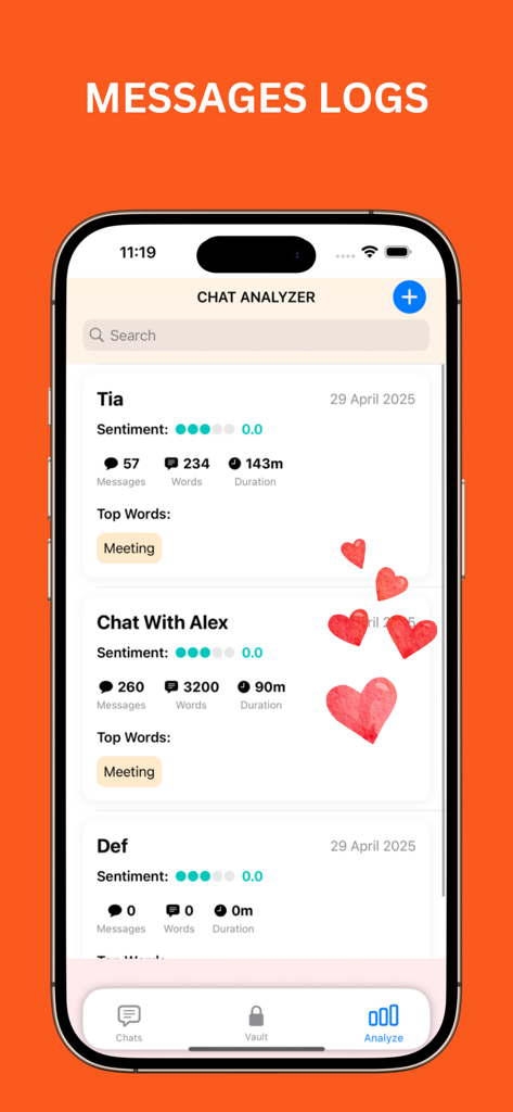 Chat Analyzer interface of LuvChat Metrics displaying message logs, sentiment scores, and word counts for specific contacts.