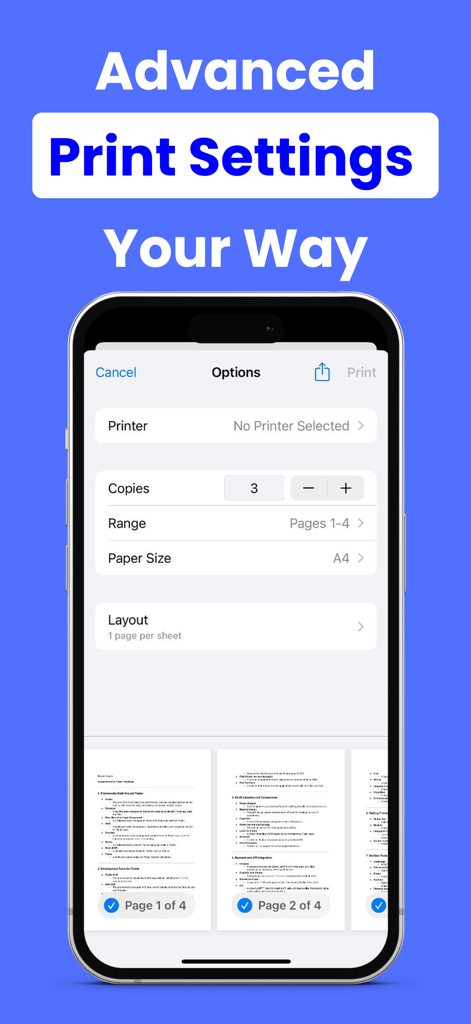 Printer App Smart Printer・ - iPhone interface showing customizable print settings for copies and paper size