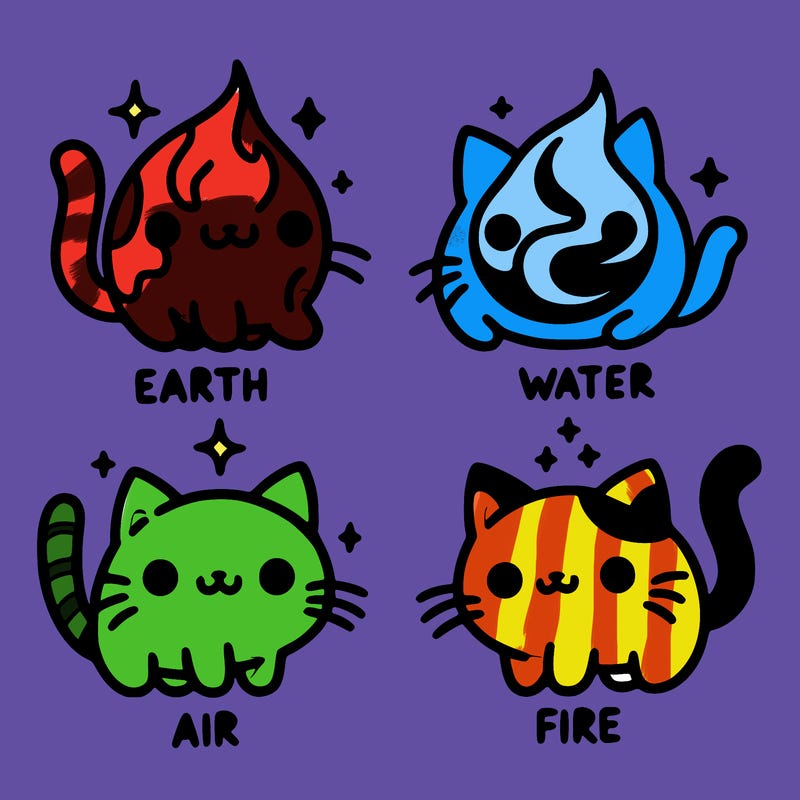 4 cats that represent the different elements, earth, water, air, and fire