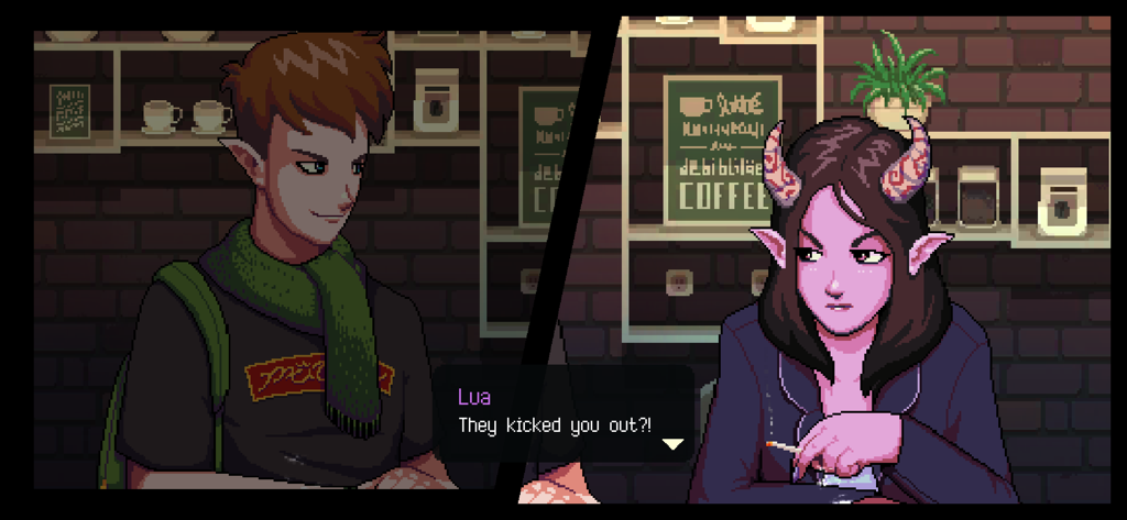 Pixel art scene of characters Lua and an elf talking inside a coffee shop