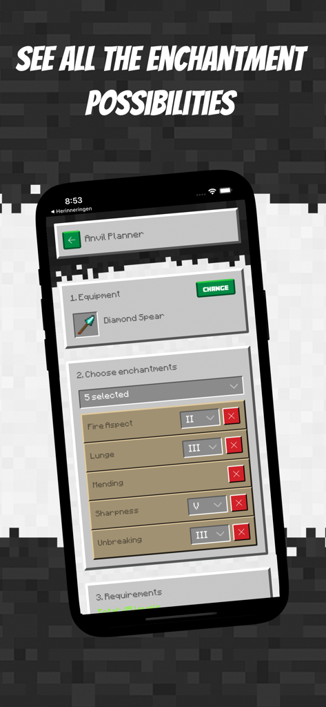Guide for Minecraft Ultimate - Minecraft enchantment planner interface for a Diamond Spear