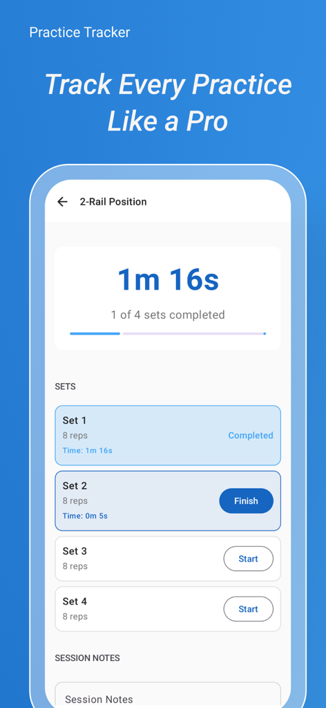 Pool & Billiards Self-Trainer - 타이머와 세트 추적 기능이 있는 2개의 레일 포지셔닝 드릴을 보여주는 당구 & 풀 셀프 트레이너 앱의 인터페이스