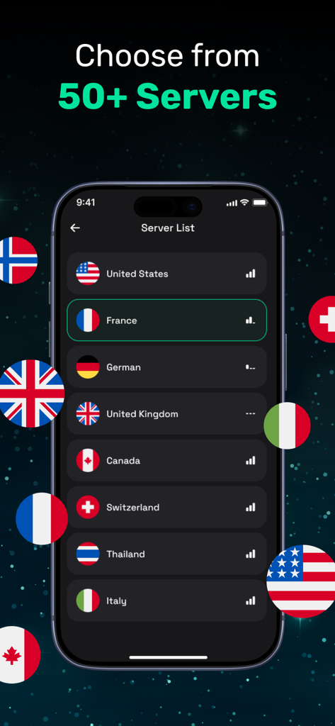 DataGuard VPN Master - Pantalla de la aplicación DataGuard VPN Master mostrando una lista de servidores globales, incluidos EE. UU., Francia y Reino Unido