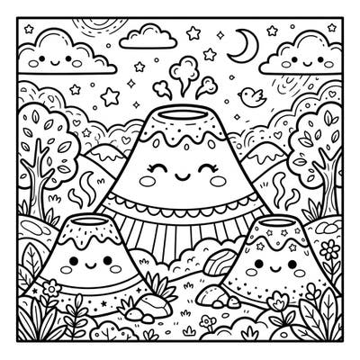 Dive into a world of cuteness with our Kawaii Dormant Volcanoes coloring page, where gentle giants slumber with charming smiles. This delightful design offers an inviting and unique coloring experience for all ages.