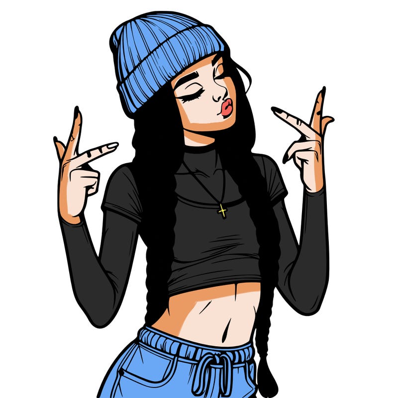 realistic teenage girl with braids and a beanie and crop top doing 🫶🏼
