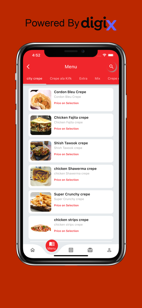 City Crepe - City Crepe 모바일 앱 메뉴 화면으로 고품질 음식 이미지와 함께 다양한 짭짤한 치킨 크레페 표시