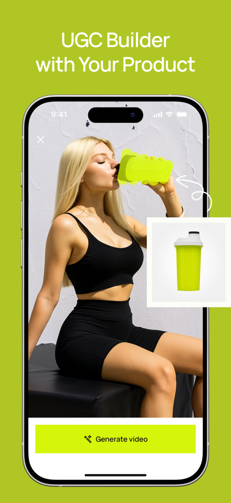 Fleur - AI Video Generator - Pantalla de smartphone mostrando el creador de vídeos UGC de la aplicación Fleur convirtiendo una foto de producto en un vídeo de una mujer en un gimnasio.