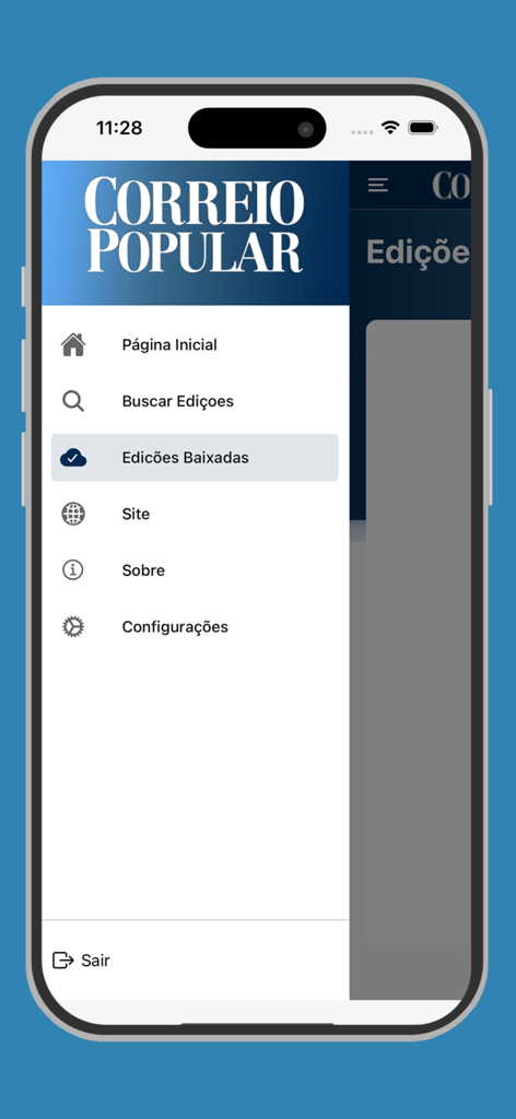 Correio Popular Digital - Menú de navegación lateral de la aplicación móvil Correio Popular Digital que muestra opciones en portugués como Página de inicio, Buscar ediciones y Ediciones descargadas.