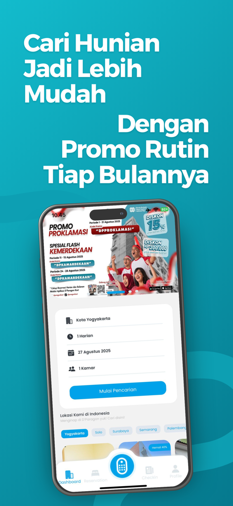 Tableau de bord de l'application DPARAGON montrant les champs de recherche d'hébergement et les bannières promotionnelles pour les maisons d'hôtes.