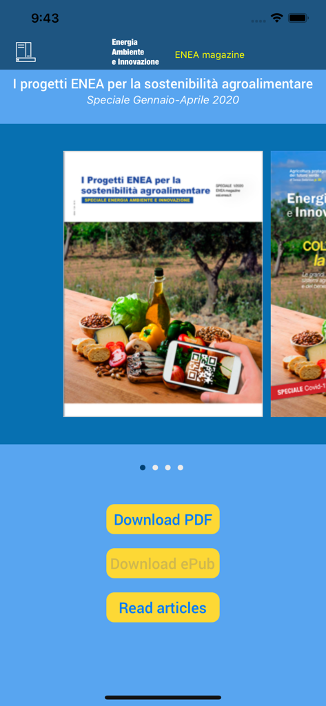 Screenshot of the ENEA EAI app displaying a scientific magazine cover about agro food sustainability with buttons to download PDF and ePub files.