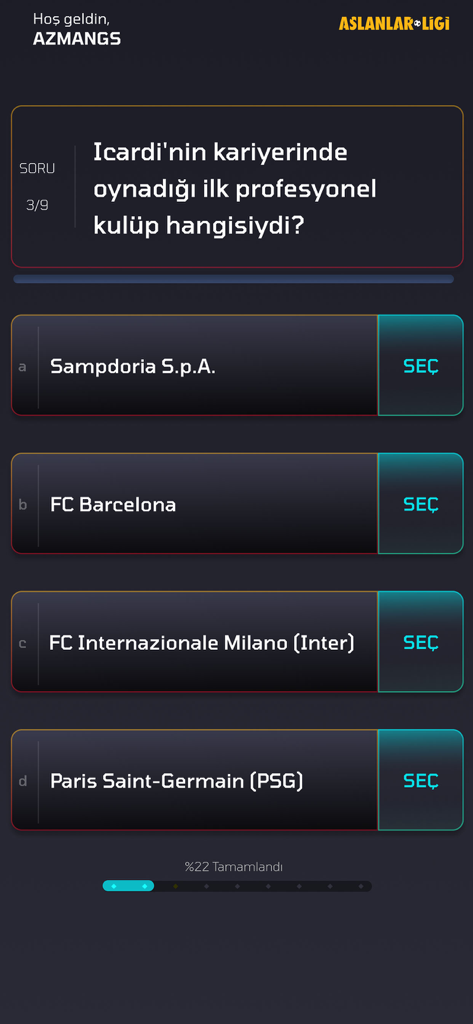 A soccer trivia question about Mauro Icardi in the Aslanlar Ligi mobile app