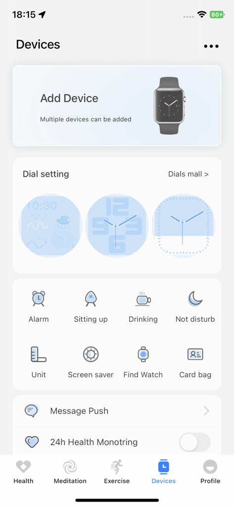 Tela de dispositivos do Hello FitPro mostrando configurações de mostrador do smartwatch e lembretes de estilo de vida.