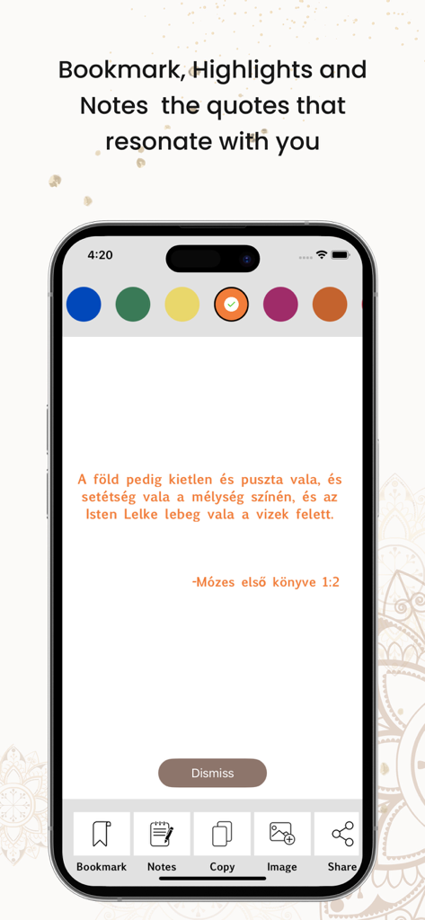 Hungarian Bible app interface showing a bible verse with color highlighting and bookmarking options.