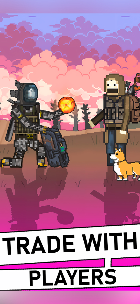 Pocket ZONE - Two pixel art survivors trading a glowing artifact in a wasteland