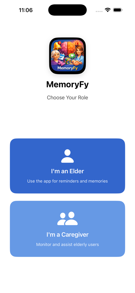 MemoryFy Inc - Écran de sélection de rôle dans l'application MemoryFy avec des boutons pour les utilisateurs seniors et aidants