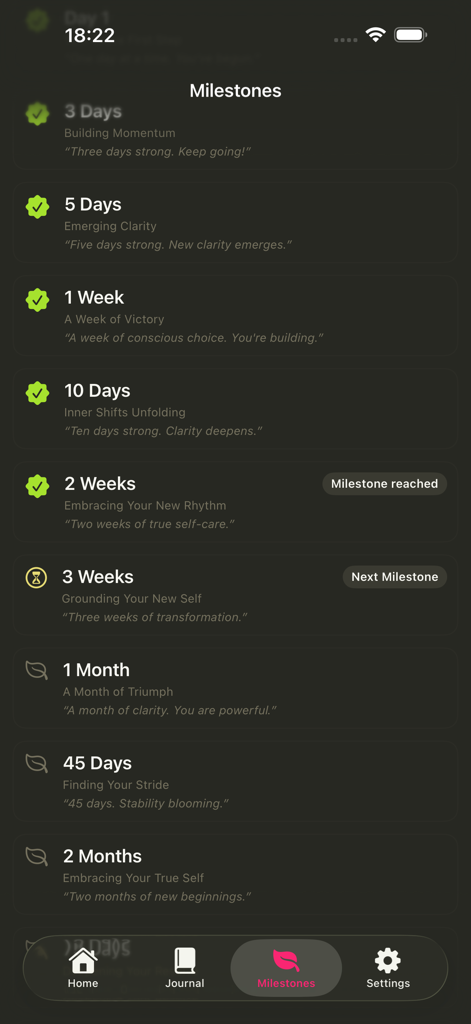 Simple Sober Tracker - Sobriety milestones screen showing progress and motivational quotes in a dark theme.