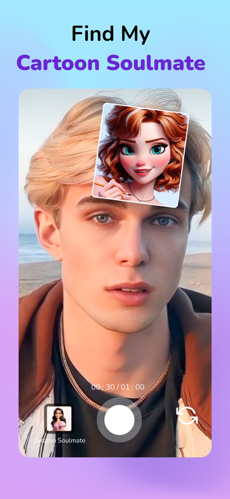 Un joven usando la función de filtro Encuentra Mi Alma Gemela de Dibujos Animados en la app Mi Personaje de Dibujos Animados
