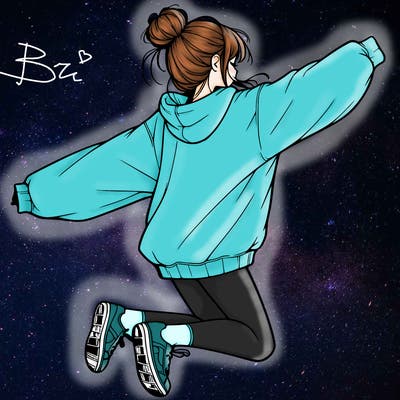realistic girl jumping with a bun and oversized sweatshirt
