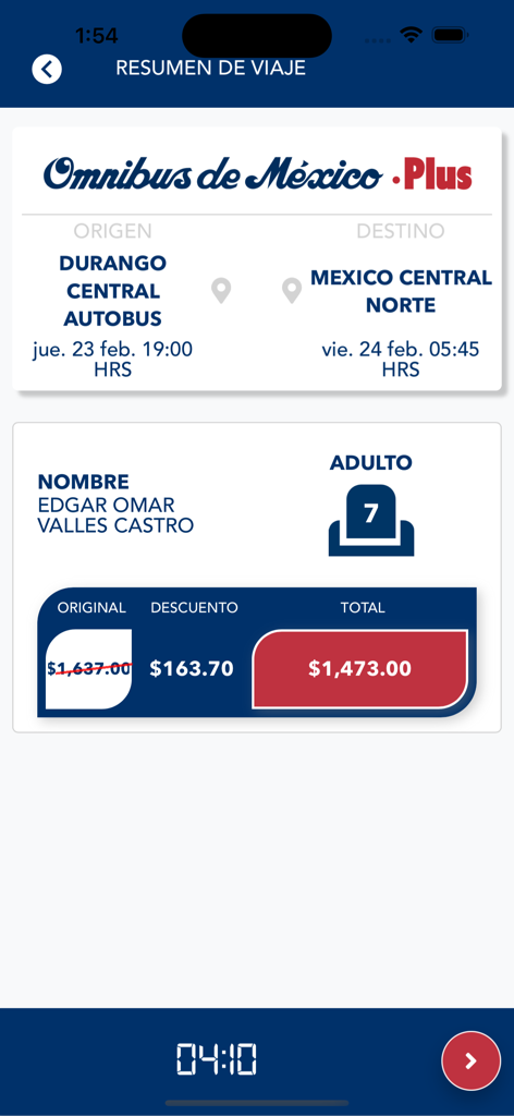 Omnibus de Mexico app trip summary screen showing bus travel details and ticket price discount