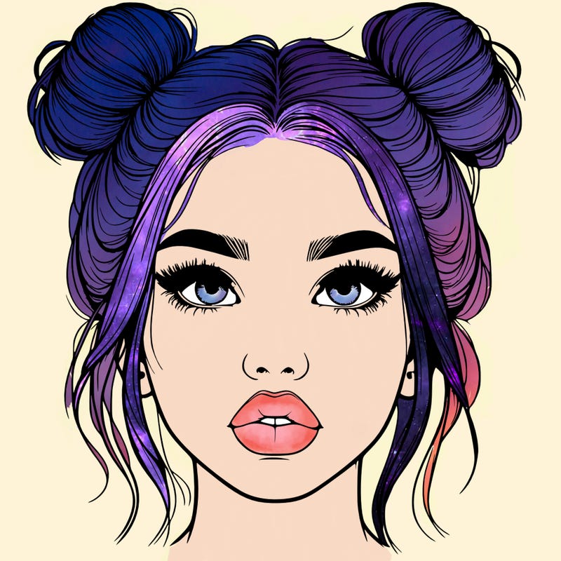 realistic girl with two buns on her hair and lips