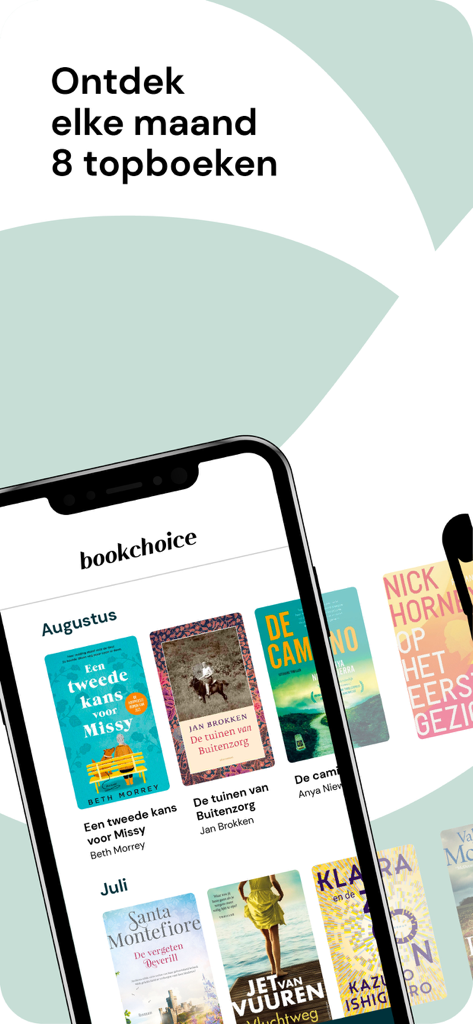 Bookchoice - 매달 엄선된 eBook 및 오디오북을 보여주는 Bookchoice 모바일 앱 인터페이스.