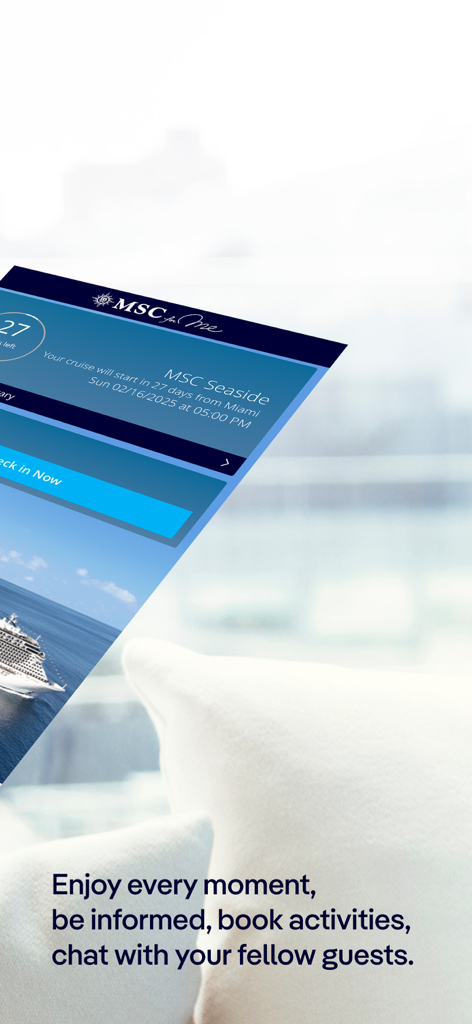 MSC for Me - A mobile phone screenshot of the MSC for Me app displaying a cruise countdown for MSC Seaside and a check in button