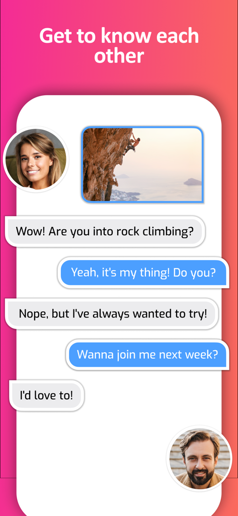 Eden: Christian Dating App - Un écran de discussion de l'application de rencontre chrétienne Eden montrant deux utilisateurs discutant d'escalade et planifiant une rencontre.