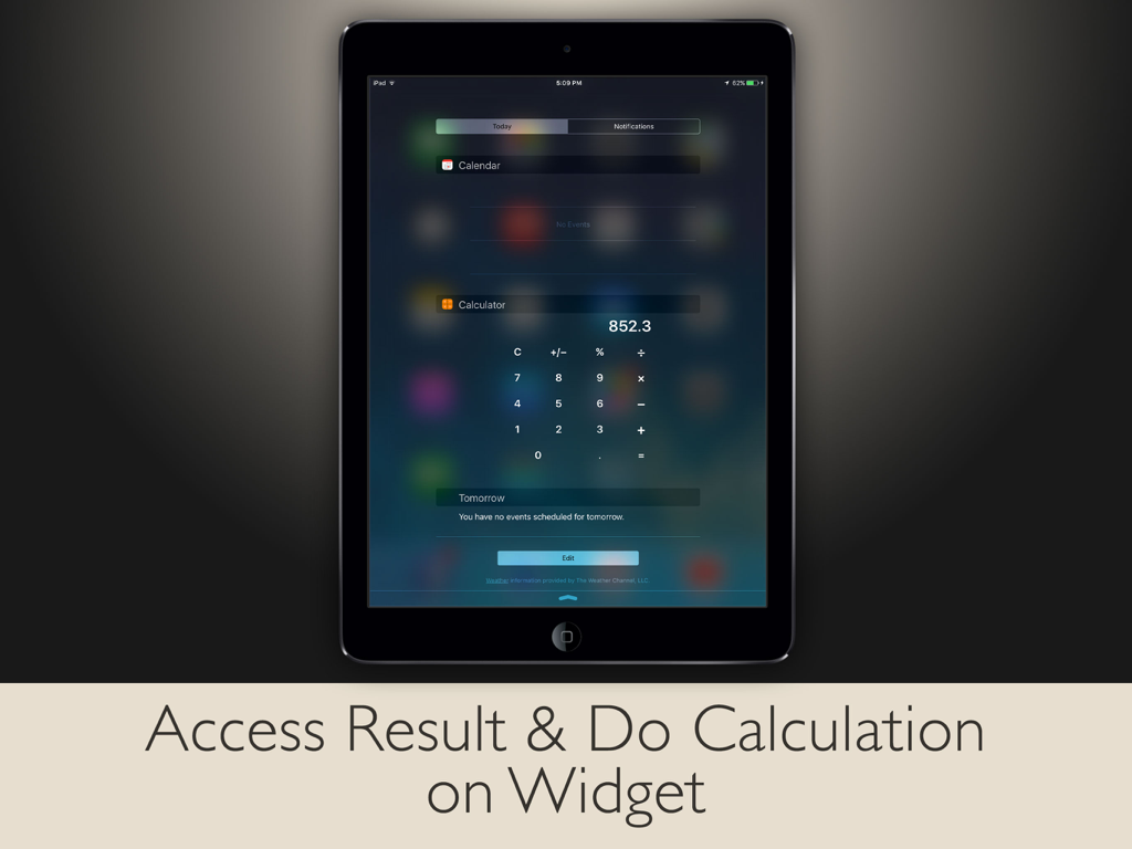 iPad calculator widget in the Today View for quick access and calculations