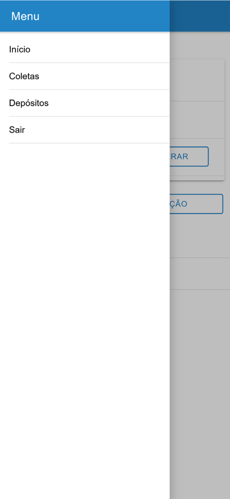 Menu de navegação lateral do App SIGA exibindo opções para coletas e depósitos em português.