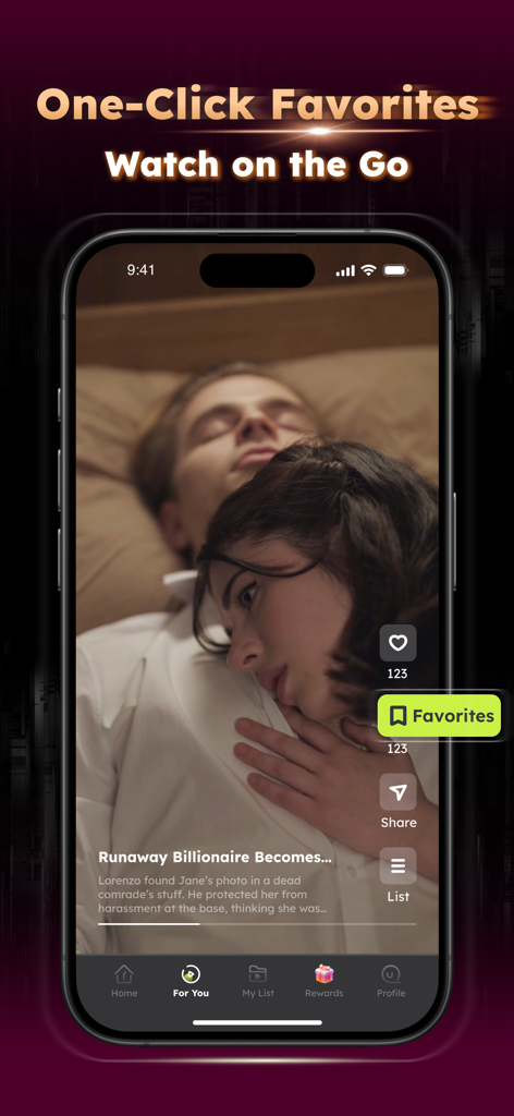 Sereal+ app interface showing a romantic drama scene with a one-click favorites button.