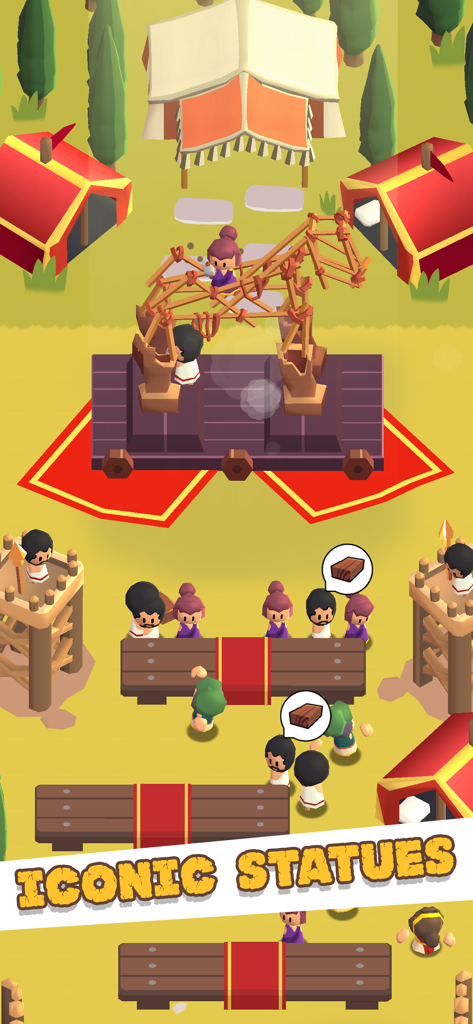 Idle Civilizations - Evolution - Workers constructing a large wooden horse statue in an ancient era settlement