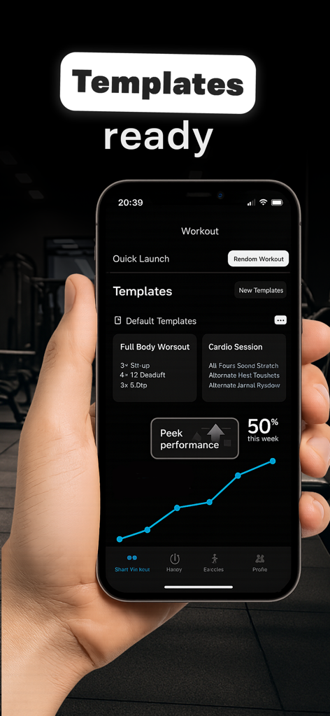 TrackSet: Workout & Gym Log - Interfaz de la aplicación TrackSet mostrando plantillas de entrenamiento y un gráfico de progreso de rendimiento