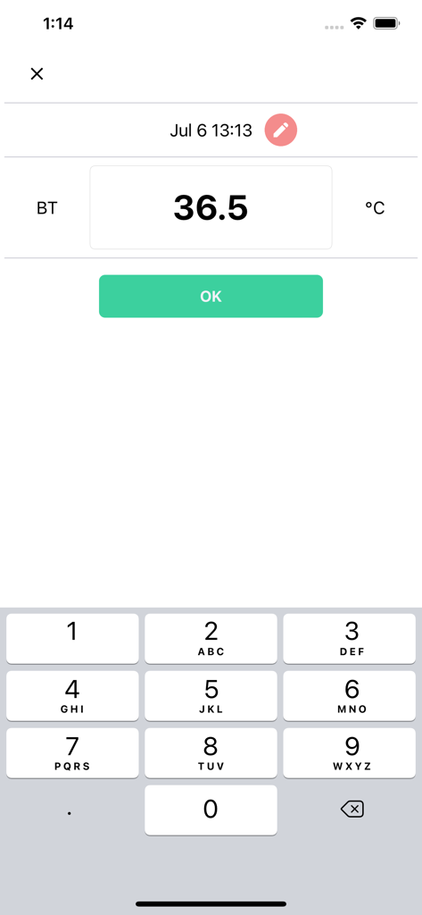 Body Temperature Memo - Mobile app screen for inputting body temperature showing a numeric keypad