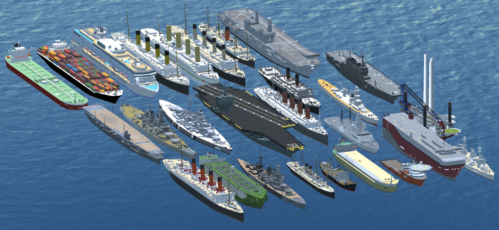 Ship Handling Simulator - A large collection of various ship models including historical steamships cruise liners and aircraft carriers on the water