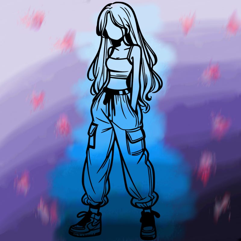 girl in baggy pants crop top and long hair