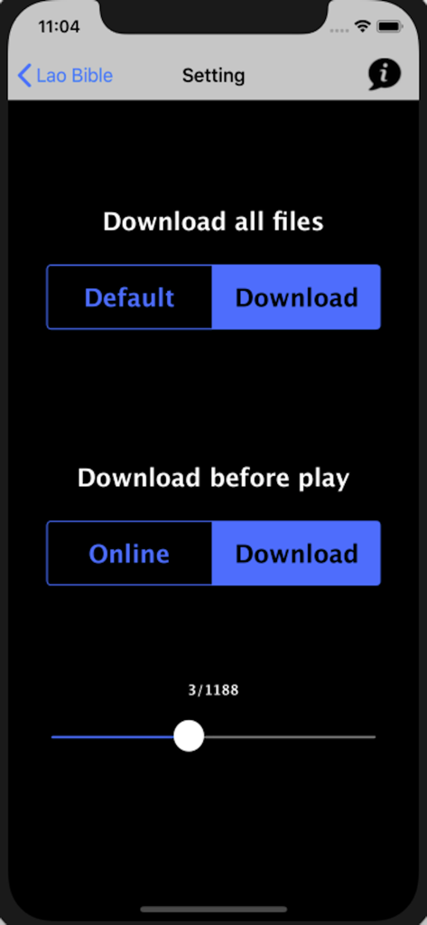 Settings screen of the Lao Bible app showing options to download audio files for offline use