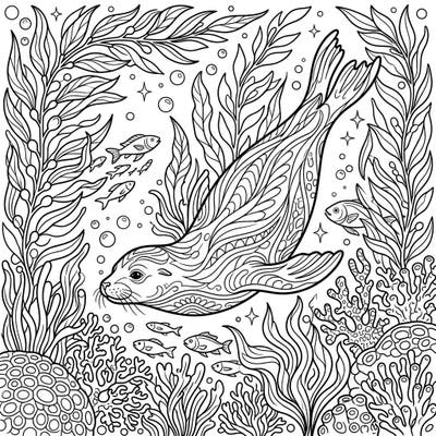 Explore the wonders of the ocean with this intricate swimming seal coloring page, perfect for teens who love detailed designs. Featuring a graceful seal amidst vibrant coral and flowing seaweed, this template offers an engaging artistic challenge.